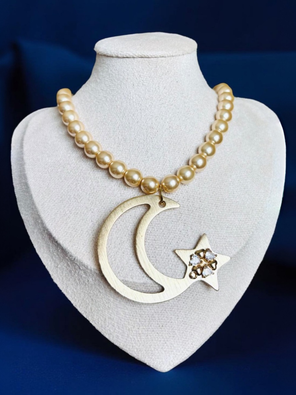 One-of-a-Kind Gold Pearl Necklace with Crescent Moon & Star Pendant/ Vintage